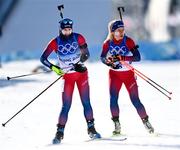 18 February 2022; Marte Olsbu Roeiseland of Norway, left, and Tiril Eckhoff of Norway during the Women's 12.5km Mass Start event on day 14 of the Beijing 2022 Winter Olympic Games at National Biathlon Centre in Zhangjiakou, China. Photo by Ramsey Cardy/Sportsfile