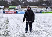 18 February 2022; Match official Michael Connolly walks the Finn Park pitch before the postponement of the SSE Airtricity League Premier Division match between Finn Harps and Drogheda United in Ballybofey, Donegal. Photo by Piaras Ó Mídheach/Sportsfile