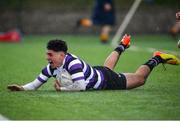 18 February 2022; Yago Fernandez Vilar of Terenure College scores his side's second try during the Bank of Ireland Leinster Rugby Schools Senior Cup 1st Round match between Terenure College and St Fintan’s High School at Castle Avenue in Dublin. Photo by David Fitzgerald/Sportsfile