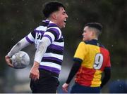 18 February 2022; Yago Fernandez Vilar of Terenure College celebrates after scoring his side's second try during the Bank of Ireland Leinster Rugby Schools Senior Cup 1st Round match between Terenure College and St Fintan’s High School at Castle Avenue in Dublin. Photo by David Fitzgerald/Sportsfile