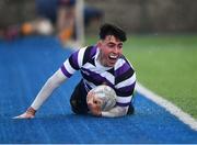 18 February 2022; Yago Fernandez Vilar of Terenure College celebrates after scoring his side's second try during the Bank of Ireland Leinster Rugby Schools Senior Cup 1st Round match between Terenure College and St Fintan’s High School at Castle Avenue in Dublin. Photo by David Fitzgerald/Sportsfile