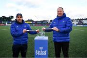 18 February 2022; Leinster Rugby Talent ID Coach Adam Griggs draws Belvedere College and Head of Rugby Development Phil Lawlor draws Newbridge College during the Leinster Rugby School's Cup Second Round Draw at Energia Park in Dublin. Photo by Harry Murphy/Sportsfile