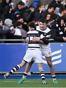 18 February 2022; Andre Ryan, right, and Daniel O'Leary of Belvedere College celebrate a last minute try to win the game during the Bank of Ireland Leinster Rugby Schools Senior Cup 1st Round match between Belvedere College and St Vincent’s Castleknock College at Energia Park in Dublin. Photo by Harry Murphy/Sportsfile