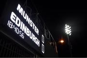 18 February 2022; A general view of the scoreboard before the United Rugby Championship match between Munster and Edinburgh at Thomond Park in Limerick. Photo by Brendan Moran/Sportsfile