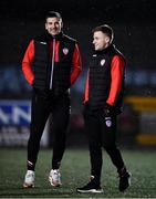 18 February 2022; Patrick McEleney, left, and Brandon Kavanagh of Derry City before the SSE Airtricity League Premier Division match between Dundalk and Derry City at Oriel Park in Dundalk, Louth. Photo by Ben McShane/Sportsfile