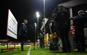 18 February 2022; Shelbourne manager Damien Duff speaking to RTÉ's Tony O'Donoghue before the SSE Airtricity League Premier Division match between Shelbourne and St Patrick's Athletic at Tolka Park in Dublin. Photo by Stephen McCarthy/Sportsfile