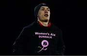 18 February 2022; Greg Sloggett of Dundalk wears a shirt in support of Women's Aid Dundalk in the warm-up before the SSE Airtricity League Premier Division match between Dundalk and Derry City at Oriel Park in Dundalk, Louth. Photo by Ben McShane/Sportsfile