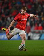 18 February 2022; Ben Healy of Munster kicks a penalty during the United Rugby Championship match between Munster and Edinburgh at Thomond Park in Limerick. Photo by Brendan Moran/Sportsfile
