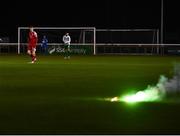18 February 2022; Cian Bargary of Cork City looks at a flare on the pitch during the SSE Airtricity League First Division match between Bray Wanderers and Cork City at Carlisle Grounds in Bray, Wicklow. Photo by David Fitzgerald/Sportsfile