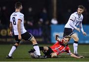 18 February 2022; Ciaron Harkin of Derry City in action against Robbie Benson, left, and Dan Williams of Dundalk during the SSE Airtricity League Premier Division match between Dundalk and Derry City at Oriel Park in Dundalk, Louth. Photo by Ben McShane/Sportsfile