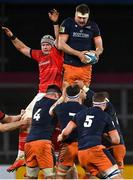 18 February 2022; Nick Haining of Edinburgh wins possession in the lineout ahead of Fineen Wycherley of Munster during the United Rugby Championship match between Munster and Edinburgh at Thomond Park in Limerick. Photo by Brendan Moran/Sportsfile