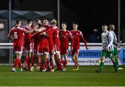 18 February 2022; Cork City players celebrate after Dylan McGlade scored their side's first goal during the SSE Airtricity League First Division match between Bray Wanderers and Cork City at Carlisle Grounds in Bray, Wicklow. Photo by David Fitzgerald/Sportsfile