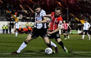 18 February 2022; Joe Adams of Dundalk in action against Cameron Dummigan of Derry City during the SSE Airtricity League Premier Division match between Dundalk and Derry City at Oriel Park in Dundalk, Louth. Photo by Ben McShane/Sportsfile