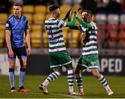 18 February 2022; Danny Mandroiu of Shamrock Rovers, left, celebrates with teammate Jack Byrne after scoring their side's second goal during the SSE Airtricity League Premier Division match between Shamrock Rovers and UCD at Tallaght Stadium in Dublin. Photo by Seb Daly/Sportsfile