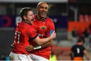 18 February 2022; Simon Zebo of Munster, right, celebrates with teammate Neil Cronin after scoring his third, and his side's fourth, try during the United Rugby Championship match between Munster and Edinburgh at Thomond Park in Limerick. Photo by Brendan Moran/Sportsfile