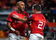 18 February 2022; Simon Zebo of Munster celebrates with teammate Neil Cronin, 21, after scoring his third, and his side's fourth, try during the United Rugby Championship match between Munster and Edinburgh at Thomond Park in Limerick.  Photo by Brendan Moran/Sportsfile