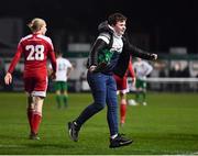 18 February 2022; A Cork City supporter celebrates his side's second goal during the SSE Airtricity League First Division match between Bray Wanderers and Cork City at Carlisle Grounds in Bray, Wicklow. Photo by David Fitzgerald/Sportsfile