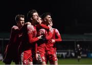 18 February 2022; Barry Coffey of Cork City, centre, celebrates with team  mates after he scored their side's second goal during the SSE Airtricity League First Division match between Bray Wanderers and Cork City at Carlisle Grounds in Bray, Wicklow. Photo by David Fitzgerald/Sportsfile