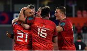 18 February 2022; Simon Zebo of Munster, second from left, celebrates with teammates after scoring his third, and their side's fourth, try during the United Rugby Championship match between Munster and Edinburgh at Thomond Park in Limerick.  Photo by Brendan Moran/Sportsfile