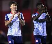 18 February 2022; St Patrick's Athletic players, Joe Redmond, left, and James Abankwah after the SSE Airtricity League Premier Division match between Shelbourne and St Patrick's Athletic at Tolka Park in Dublin. Photo by Stephen McCarthy/Sportsfile