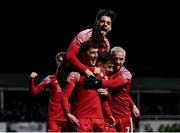 18 February 2022; Barry Coffey of Cork City, centre, celebrates after scoring his side's second goal during the SSE Airtricity League First Division match between Bray Wanderers and Cork City at Carlisle Grounds in Bray, Wicklow. Photo by David Fitzgerald/Sportsfile