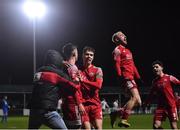 18 February 2022; Barry Coffey of Cork City celebrates after scoring his side's third goal as Dylan McGlade jumps in the air during the SSE Airtricity League First Division match between Bray Wanderers and Cork City at Carlisle Grounds in Bray, Wicklow. Photo by David Fitzgerald/Sportsfile