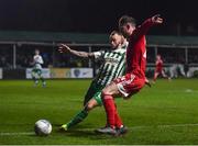 18 February 2022; Cian Murphy of Cork City in action against Daniel Blackbyrne of Bray Wanderersl during the SSE Airtricity League First Division match between Bray Wanderers and Cork City at Carlisle Grounds in Bray, Wicklow. Photo by David Fitzgerald/Sportsfile