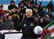 18 February 2022; Dylan McGlade of Cork City with the match ball after he scored a hat trick in the SSE Airtricity League First Division match between Bray Wanderers and Cork City at Carlisle Grounds in Bray, Wicklow. Photo by David Fitzgerald/Sportsfile