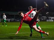 18 February 2022; Matt Healy of Cork City is tackled by Eoin Massey of Bray Wanderers the SSE Airtricity League First Division match between Bray Wanderers and Cork City at Carlisle Grounds in Bray, Wicklow. Photo by David Fitzgerald/Sportsfile
