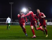 18 February 2022; Ruairi Keating of Cork City celebrates after scoring his side's sixth goal the SSE Airtricity League First Division match between Bray Wanderers and Cork City at Carlisle Grounds in Bray, Wicklow. Photo by David Fitzgerald/Sportsfile