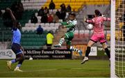 18 February 2022; Aidomo Emakhu of Shamrock Rovers in action against UCD goalkeeper Lorcan Healy during the SSE Airtricity League Premier Division match between Shamrock Rovers and UCD at Tallaght Stadium in Dublin. Photo by Seb Daly/Sportsfile