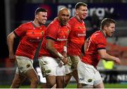 18 February 2022; Simon Zebo of Munster, second from left, celebrates with teammates, from left, Shane Daly, Chris Farrell and Neil Cronin, after scoring his third, and their side's fourth, try during the United Rugby Championship match between Munster and Edinburgh at Thomond Park in Limerick. Photo by Brendan Moran/Sportsfile