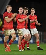 18 February 2022; Munster players, from left, Gavin Coombes, Alex Kendellen, Ben Healy and Mike Haley celebrate after their side's victory in the United Rugby Championship match between Munster and Edinburgh at Thomond Park in Limerick. Photo by Brendan Moran/Sportsfile