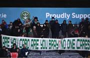 18 February 2022; Cork City supporters hold up a banner during the SSE Airtricity League First Division match between Bray Wanderers and Cork City at Carlisle Grounds in Bray, Wicklow. Photo by David Fitzgerald/Sportsfile