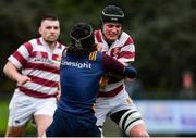 19 February 2022; Mark McDermott of Tullow is tackled by Senan Moore of Skerries during the Bank of Ireland Leinster Rugby U18 Tom D’Arcy Cup 2nd Round match between Skerries and Tullow at Holmpatrick in Skerries, Dublin. Photo by Brendan Moran/Sportsfile