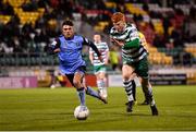 18 February 2022; Rory Gaffney of Shamrock Rovers in action against Sean Brennan of UCD during the SSE Airtricity League Premier Division match between Shamrock Rovers and UCD at Tallaght Stadium in Dublin. Photo by Seb Daly/Sportsfile