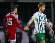 18 February 2022; Hugh Douglas of Bray Wanderers and Matt Healy of Cork City shake hands after the SSE Airtricity League First Division match between Bray Wanderers and Cork City at Carlisle Grounds in Bray, Wicklow. Photo by David Fitzgerald/Sportsfile