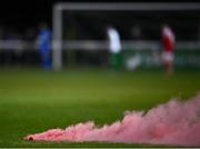18 February 2022; A general view of a smoke bomb on the pitch during the SSE Airtricity League First Division match between Bray Wanderers and Cork City at Carlisle Grounds in Bray, Wicklow. Photo by David Fitzgerald/Sportsfile
