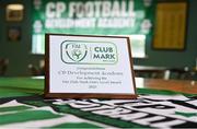 19 February 2022; A view of the FAI Club Mark plaque after it's presentation to the CP Football Development Academy, at AUL Complex in Dublin. Photo by Seb Daly/Sportsfile