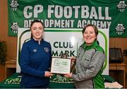 19 February 2022; FAI Football For All Development Officer Heather Jameson, left, presents the Club Mark plaque to Rachel Kavanagh, Club Chairperson, CP Football Development Academy, at AUL Complex in Dublin. Photo by Seb Daly/Sportsfile