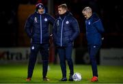 18 February 2022; Shelbourne manager Damien Duff with coaches Joey O'Brien, left, and Alan Quinn, right, before the SSE Airtricity League Premier Division match between Shelbourne and St Patrick's Athletic at Tolka Park in Dublin. Photo by Stephen McCarthy/Sportsfile