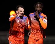 18 February 2022; Junior Armando of Waterford, right, celebrates after scoring his side's third goal with team-mate Shane Griffin during the SSE Airtricity League First Division match between Athlone Town and Waterford at Athlone Town Stadium in Westmeath. Photo by Michael P Ryan/Sportsfile