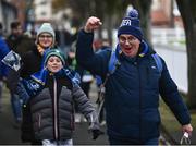 19 February 2022; Leinster supporters Mick Moran, and son Adam, age 10, arrive before the United Rugby Championship match between Leinster and Ospreys at RDS Arena in Dublin. Photo by David Fitzgerald/Sportsfile