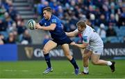 19 February 2022; Jordan Larmour of Leinster is tackled by Kieran Williams of Ospreys during the United Rugby Championship match between Leinster and Ospreys at RDS Arena in Dublin. Photo by Brendan Moran/Sportsfile