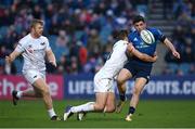 19 February 2022; Jimmy O'Brien of Leinster is tackled by Michael Collins of Ospreys during the United Rugby Championship match between Leinster and Ospreys at RDS Arena in Dublin. Photo by Harry Murphy/Sportsfile