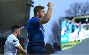 19 February 2022; Jordan Larmour of Leinster celebrates after scoring his side's first try during the United Rugby Championship match between Leinster and Ospreys at RDS Arena in Dublin. Photo by Brendan Moran/Sportsfile