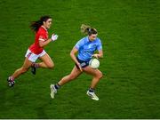 19 February 2022; Jennifer Dunne of Dublin in action against Erika O'Shea of Cork during the Lidl Ladies Football National League Division 1 match between Dublin and Cork at Croke Park in Dublin. Photo by Stephen McCarthy/Sportsfile
