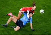 19 February 2022; Hannah Tyrrell of Dublin in action against Meabh Cahalane of Cork during the Lidl Ladies Football National League Division 1 match between Dublin and Cork at Croke Park in Dublin. Photo by Stephen McCarthy/Sportsfile
