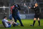 19 February 2022; Monaghan manager Séamus McEnaney remonstrates with referee Barry Cassidy before he was shown a yellow card during the Allianz Football League Division 1 match between Armagh and Monaghan at Athletic Grounds in Armagh. Photo by Piaras Ó Mídheach/Sportsfile