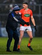 19 February 2022; Monaghan manager Séamus McEnaney remonstrates with referee Barry Cassidy, not pictured, before he was shown a yellow card during the Allianz Football League Division 1 match between Armagh and Monaghan at Athletic Grounds in Armagh. Photo by Piaras Ó Mídheach/Sportsfile